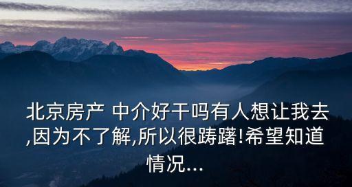  北京房產(chǎn) 中介好干嗎有人想讓我去,因?yàn)椴涣私?所以很躊躇!希望知道情況...